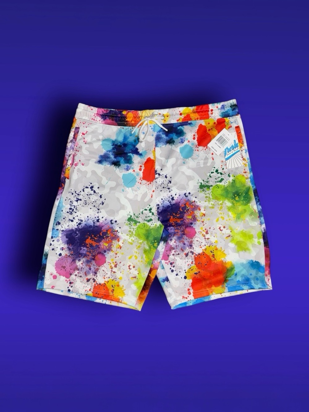 NWT fresh White Swim Trunks with Multicolor Paint Splatter